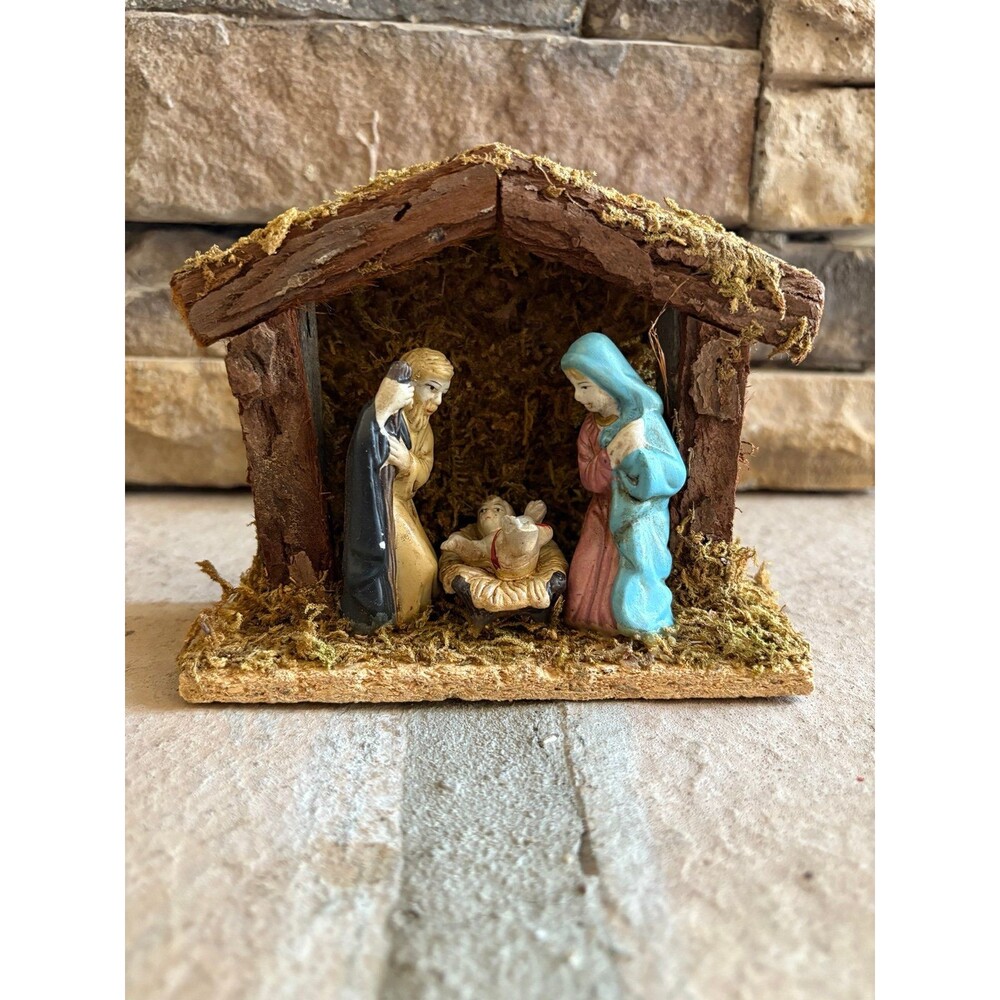 Miniature Christmas Nativity Scene Baby Jesus in a Manger in the Stable w/ Mary